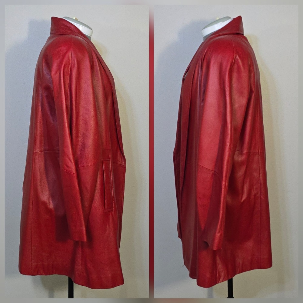 VTG Preston And York Red Lambskin Leather Coat Open Front Mid Length Women's L - Picture 2 of 16